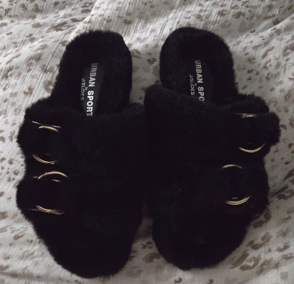Urban Sport NYC By J/Slides Black Faux Fur Slide Sandals with Gold Buckles